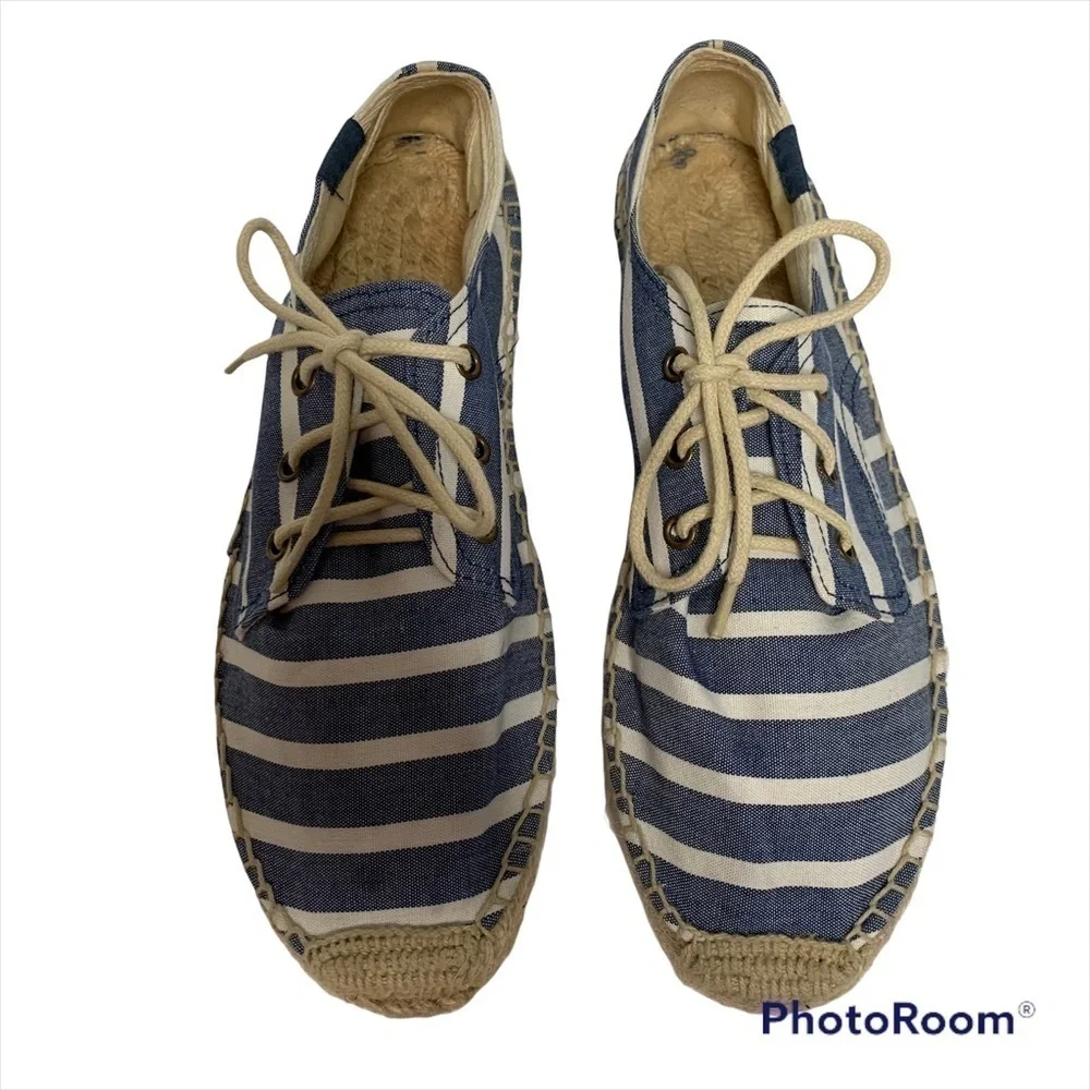 Soludos Derby Blue White Stripe Lace Up Espadrilles